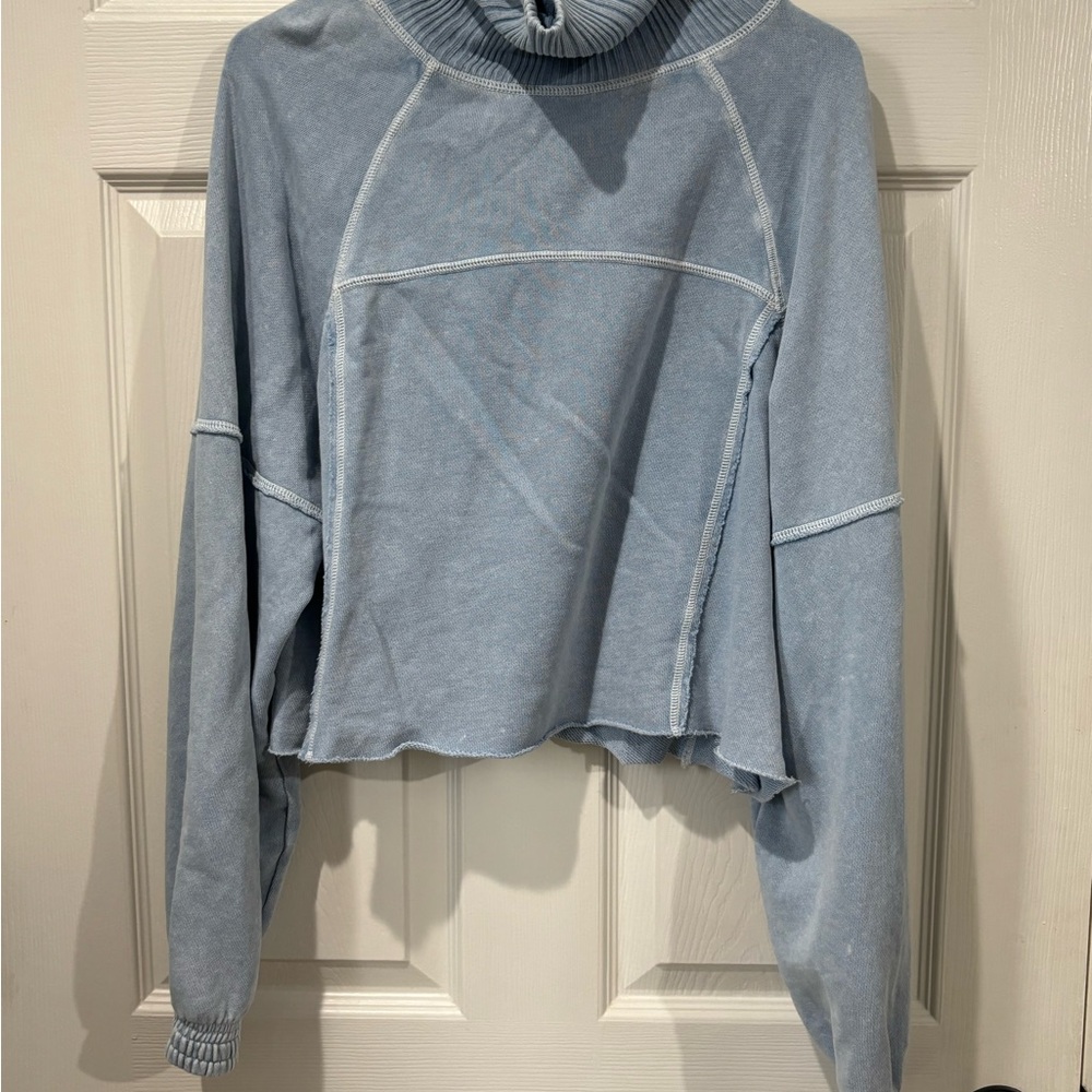 Aerie Sweatshirt Womens Small Light Blue Cropped Mock Neck Long Sleeve Pullover